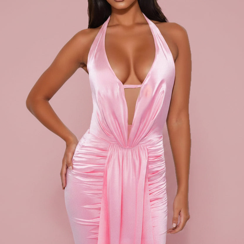 PinkLizzie Halterneck Backless Lace-Up Maxi Dress – pink dresse, styling detail