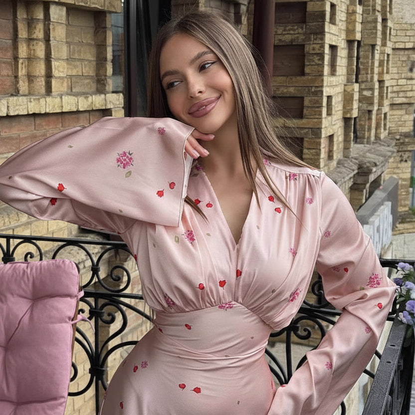 PinkLizzie V-Neck Printed Flared Sleeve Dress – pink dresse, side view