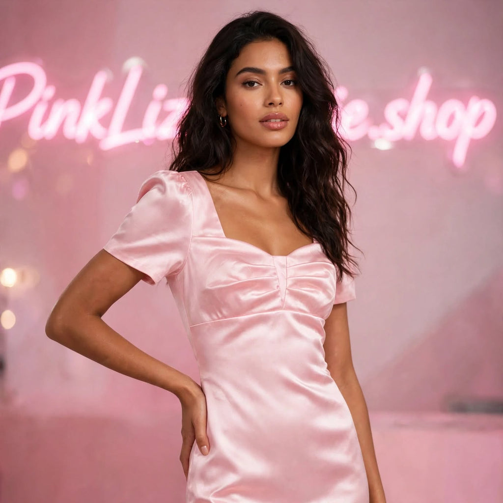 PINKLIZZIE | Satin Square-Neck Wrap Dress
