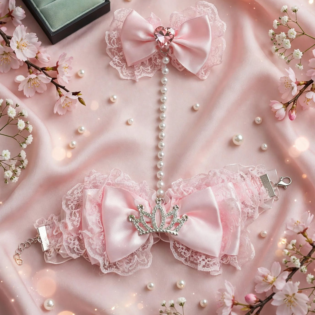 PINKLIZZIE | Pink Heart Bow Pearl Bracelet