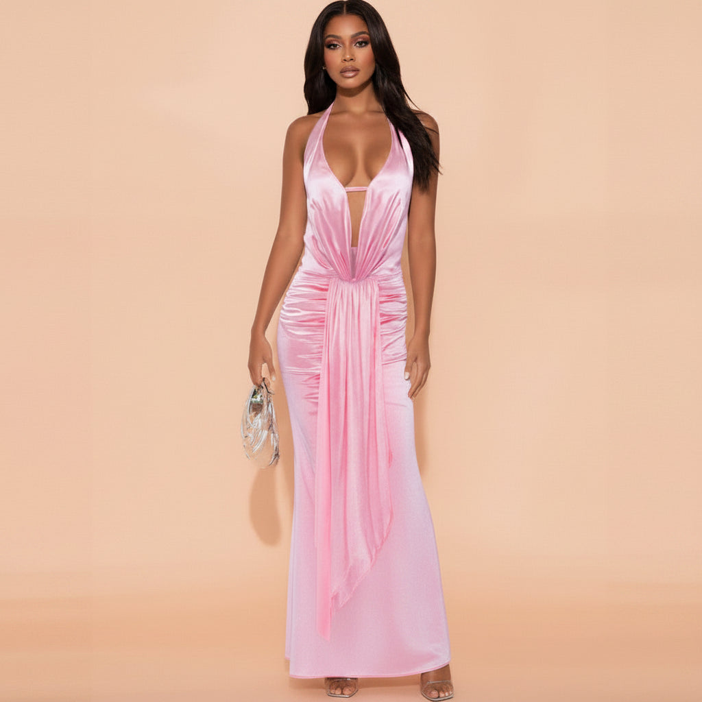 PinkLizzie Halterneck Backless Lace-Up Maxi Dress – pink dresse, fabric close-up