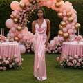PinkLizzie Halterneck Backless Lace-Up Maxi Dress – pink dresse, front view