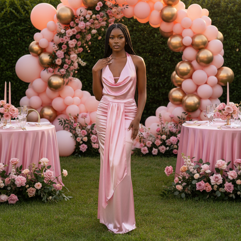 PinkLizzie Halterneck Backless Lace-Up Maxi Dress – pink dresse, front view