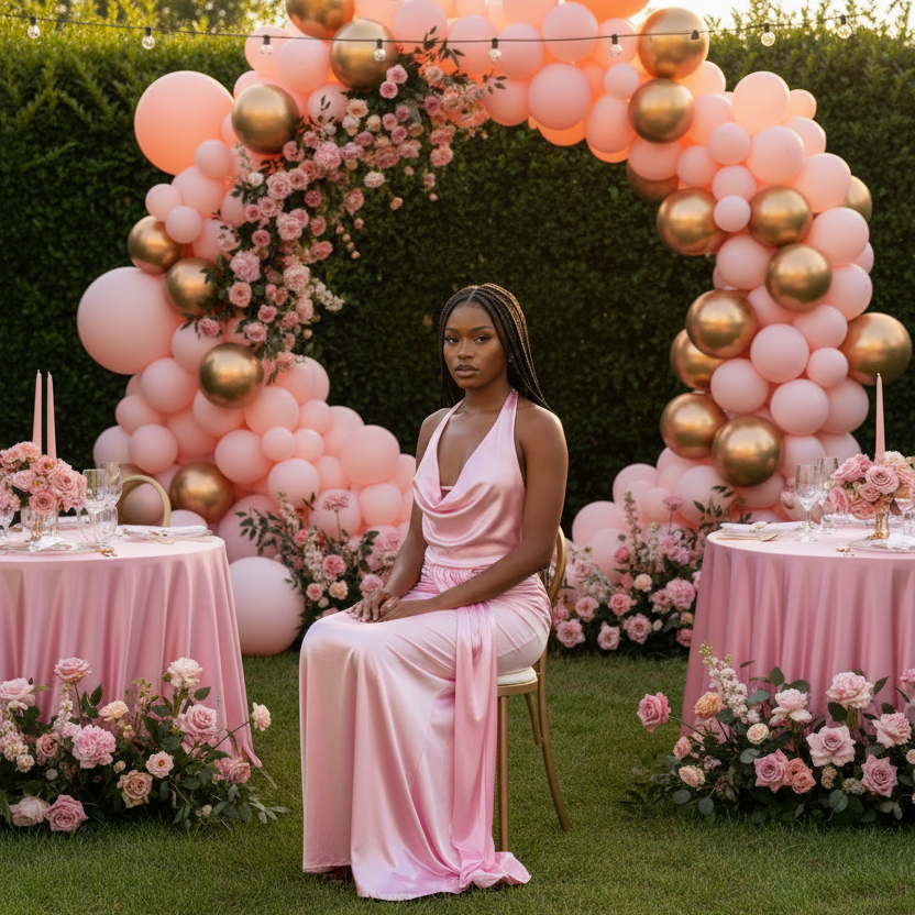 PinkLizzie Halterneck Backless Lace-Up Maxi Dress – pink dresse, full look