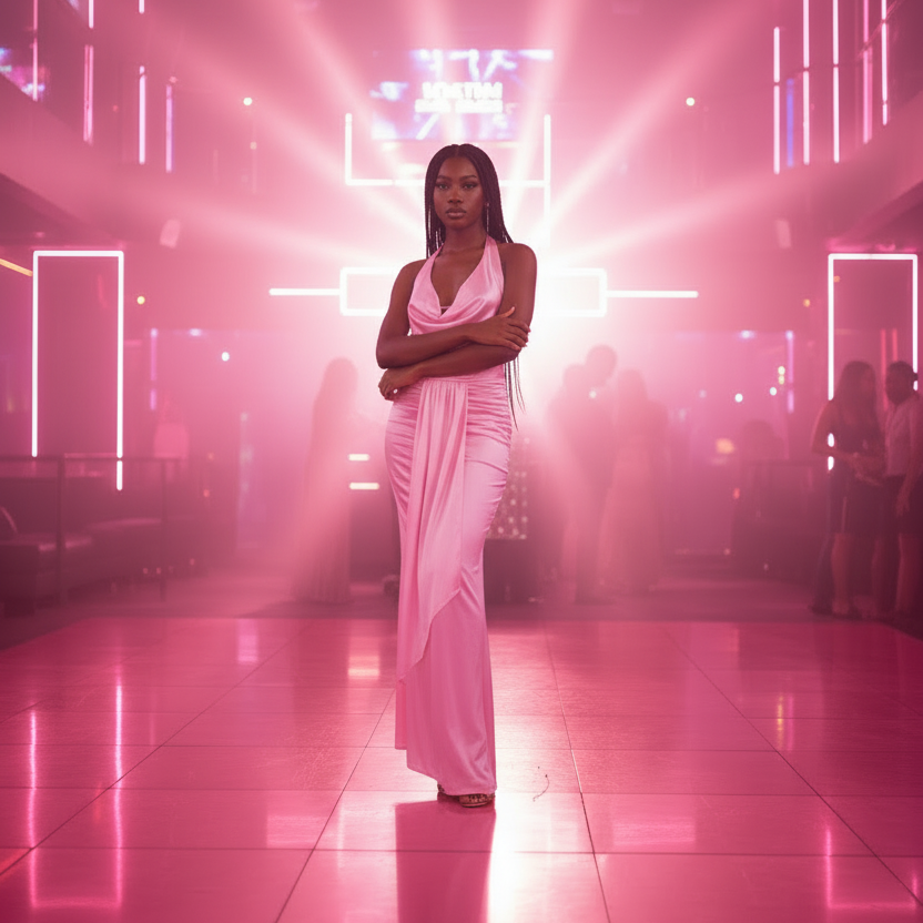 PinkLizzie Halterneck Backless Lace-Up Maxi Dress – pink dresse, model wearing