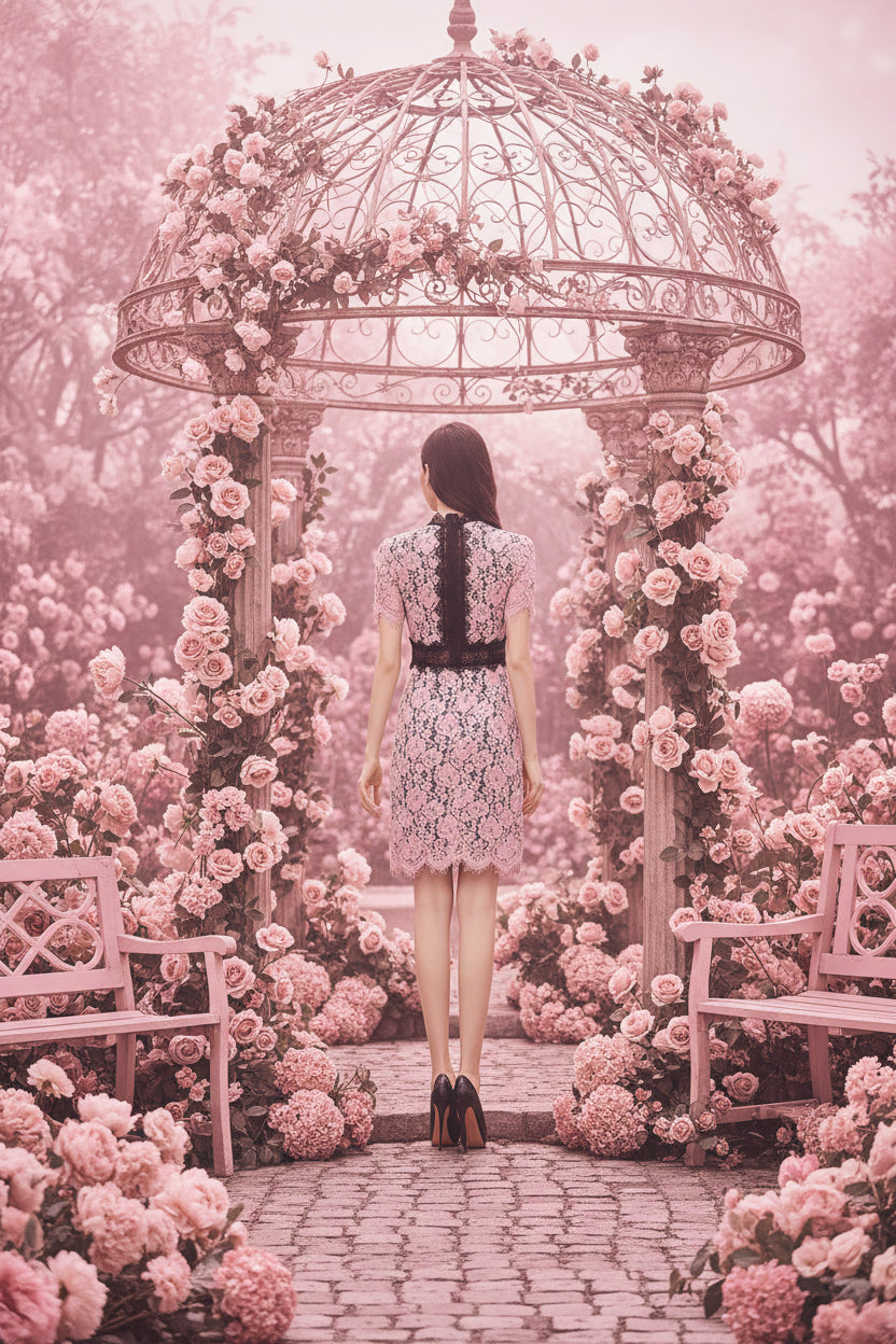 Rose Lace Colour-Block Midi Dress