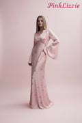 PinkLizzie V-Neck Printed Flared Sleeve Dress – pink dresse, front view