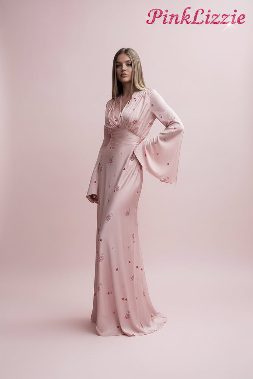 PinkLizzie V-Neck Printed Flared Sleeve Dress – pink dresse, front view