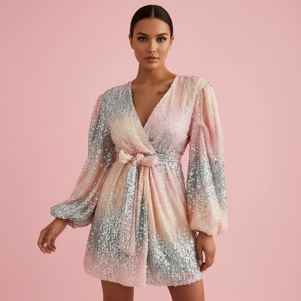PinkLizzie Sequin V-Neck Lace Dress – pink dresse, styled detail
