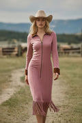 PinkLizzie Western Cowboy Suede Tassel Slim Dress – pink dresse, front view