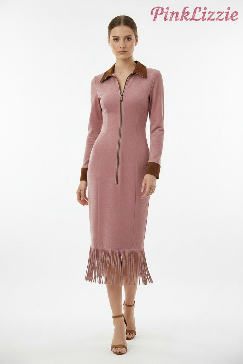 PinkLizzie Western Cowboy Suede Tassel Slim Dress – pink dresse, back view