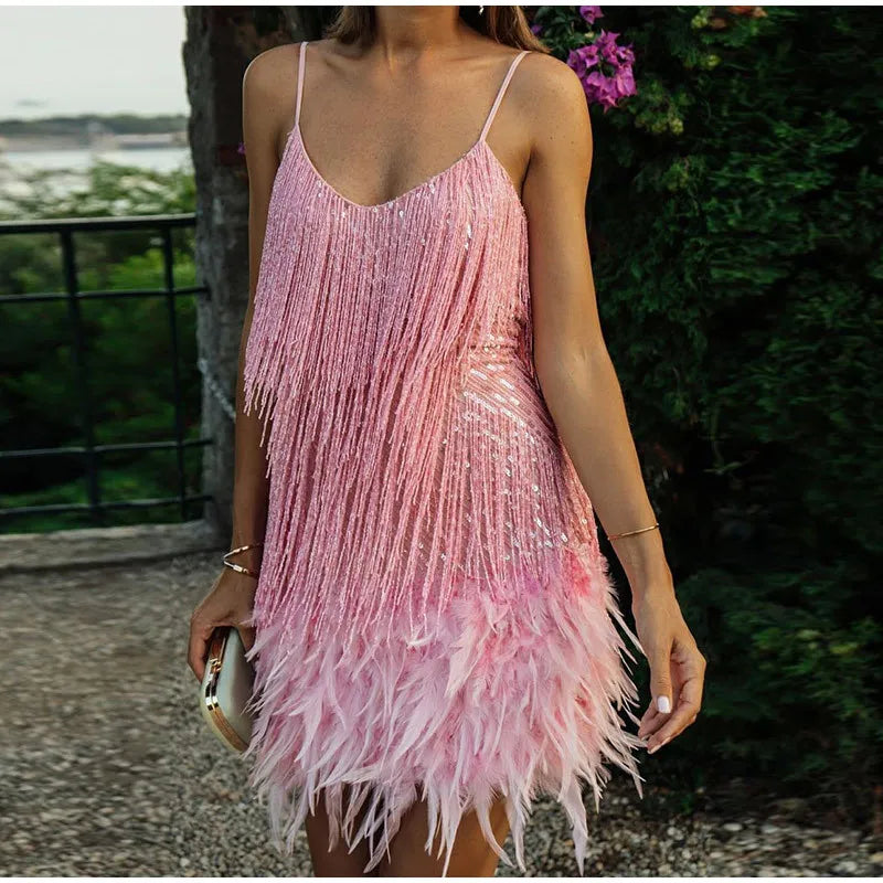 Sequin & Feather Halter Mini Dress