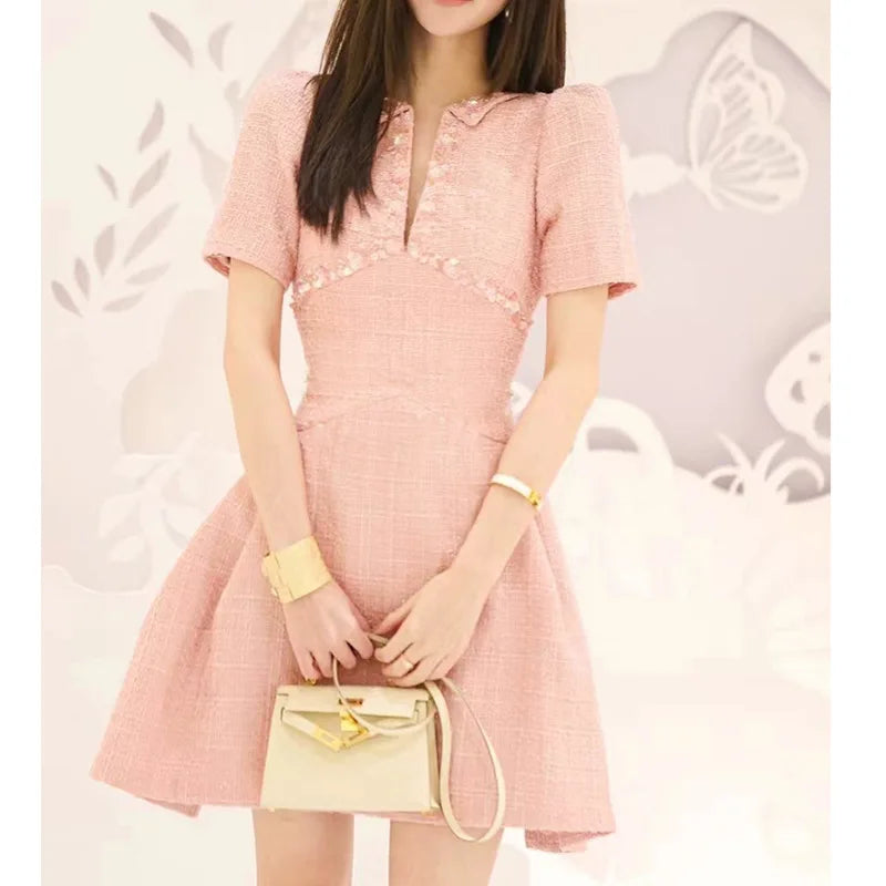 Pink Tweed Sequin A-Line Mini Dress