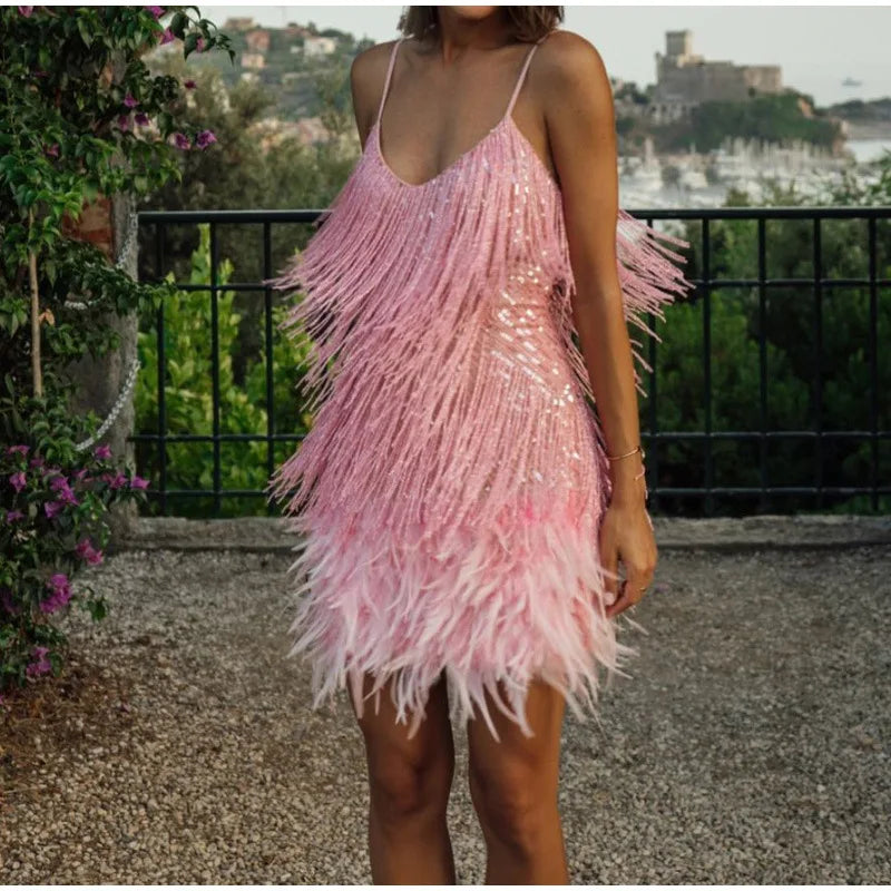 Sequin & Feather Halter Mini Dress