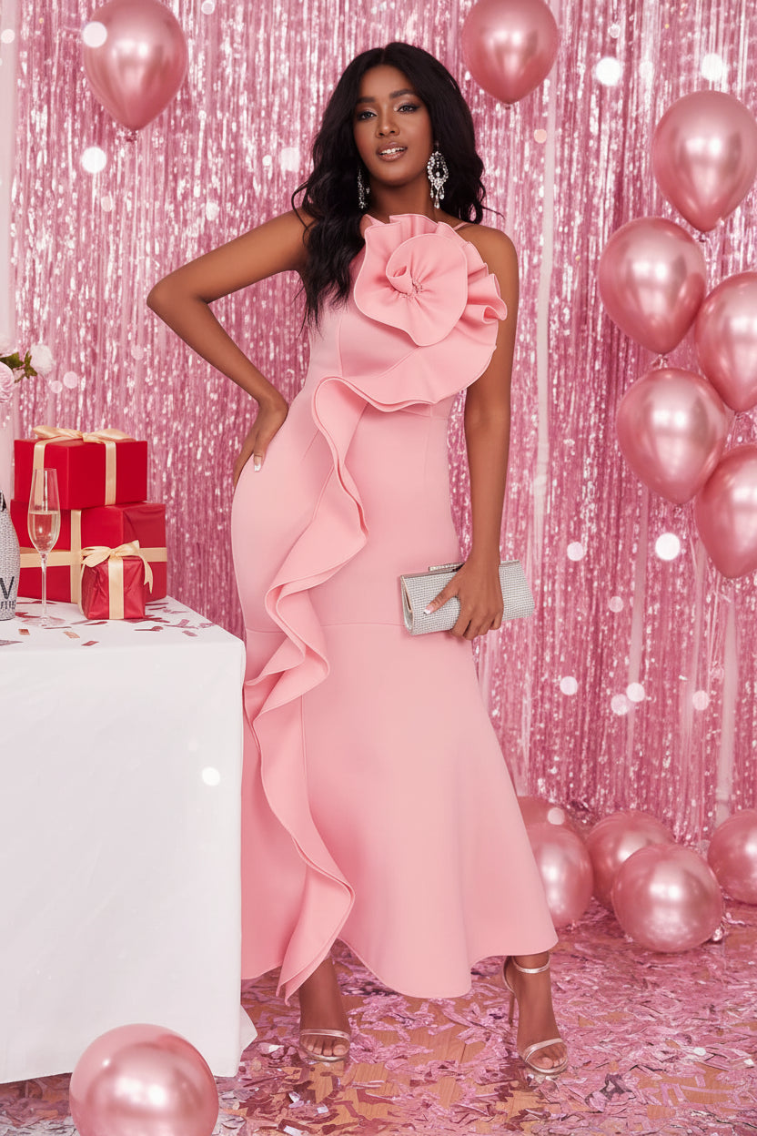 Halter Ruffle Evening Dress – Pink