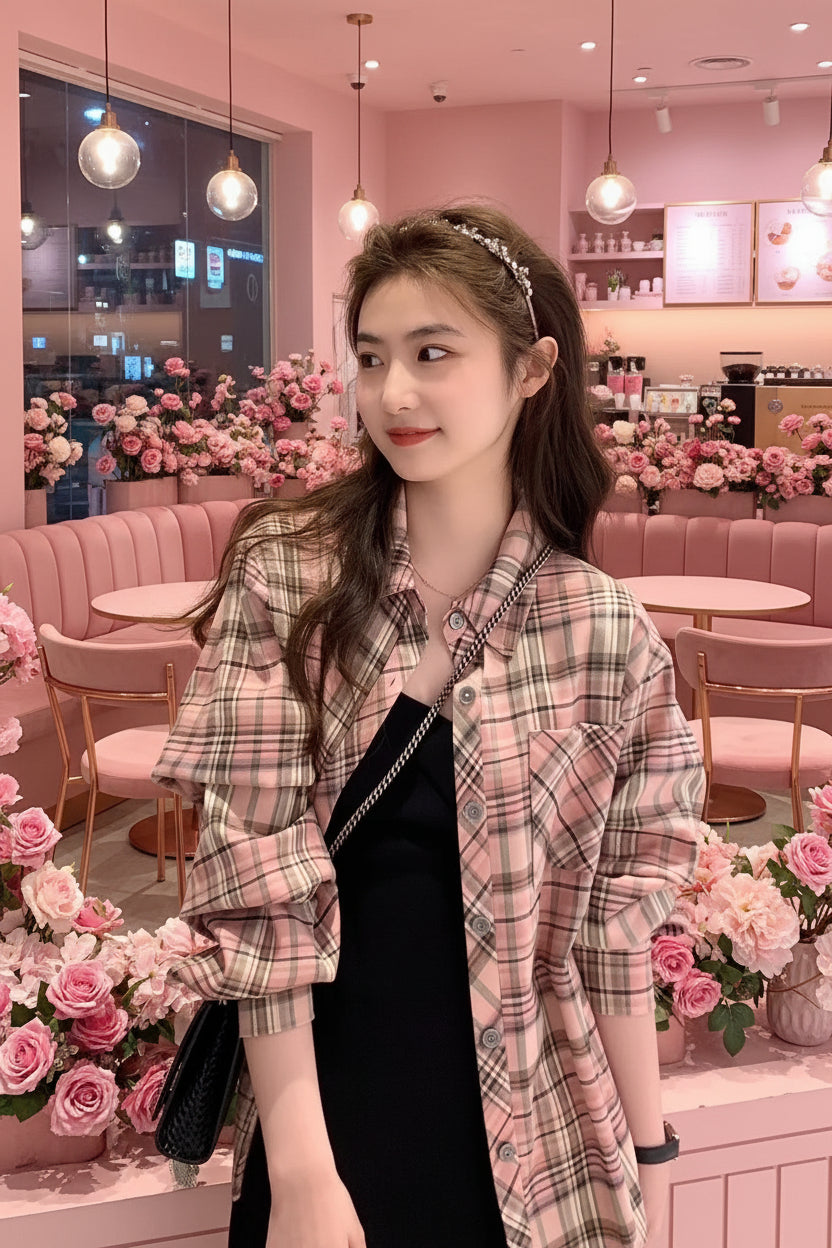 Pink Plaid Oversized Shirt Jacket