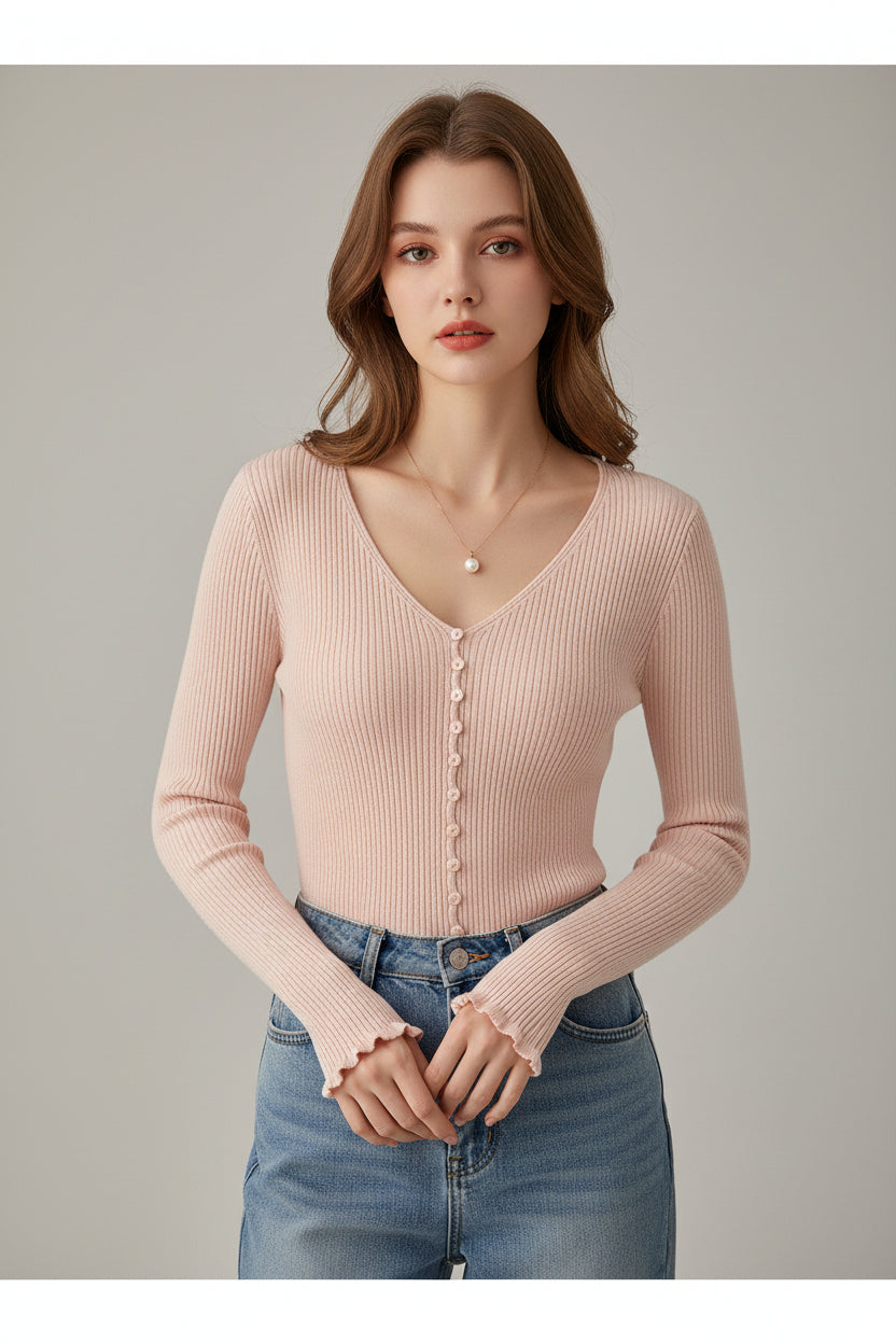 Pink V-Neck Fine-Knit Top