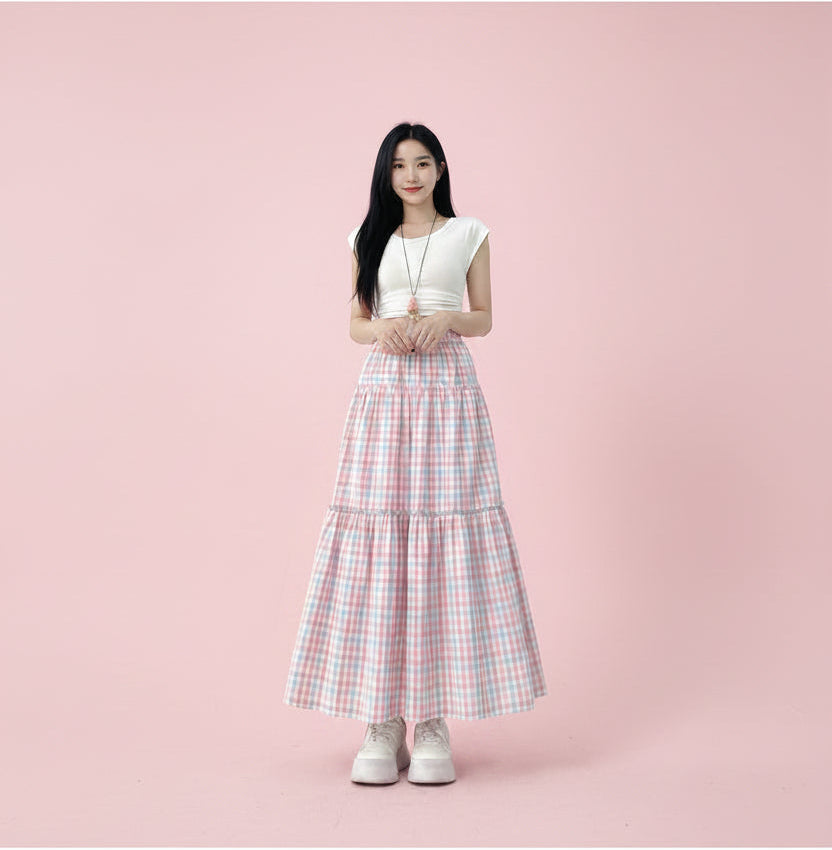 Pink Plaid A-Line Midi Skirt
