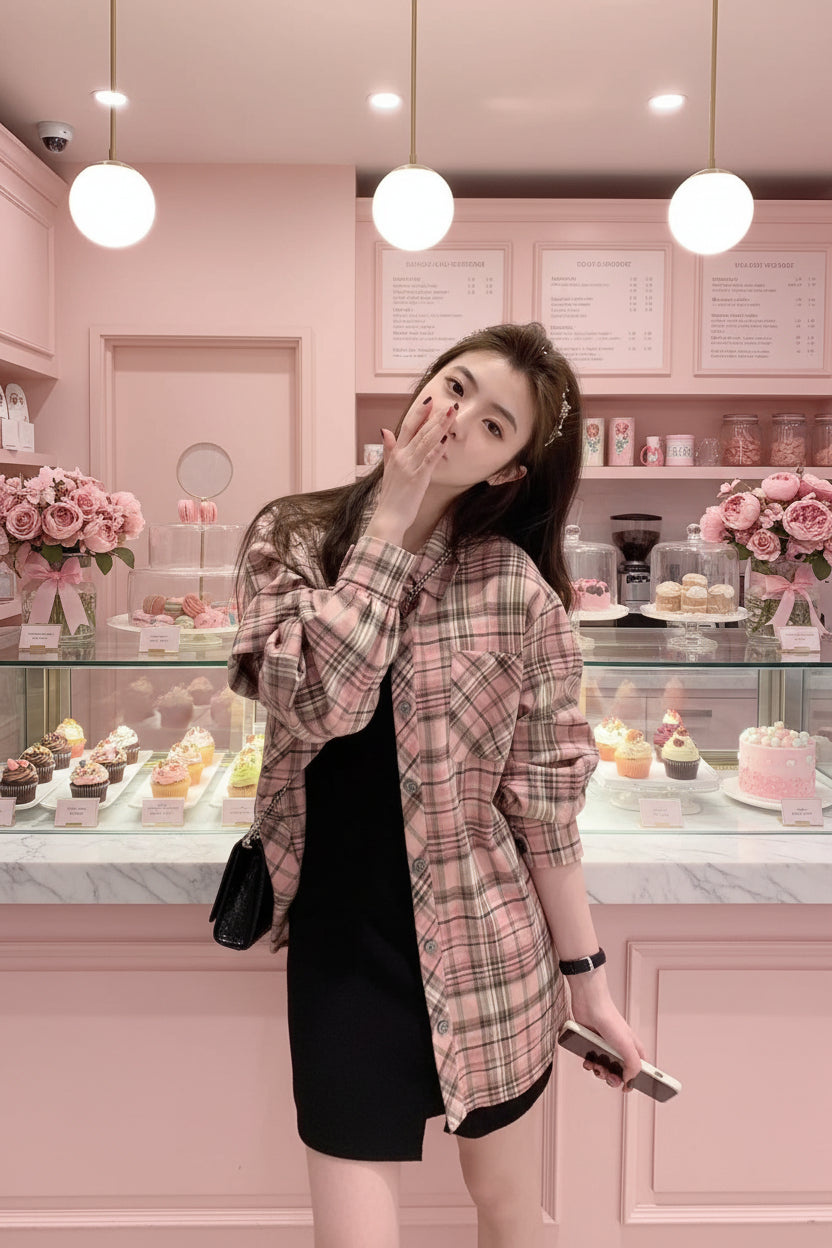 Pink Plaid Oversized Shirt Jacket