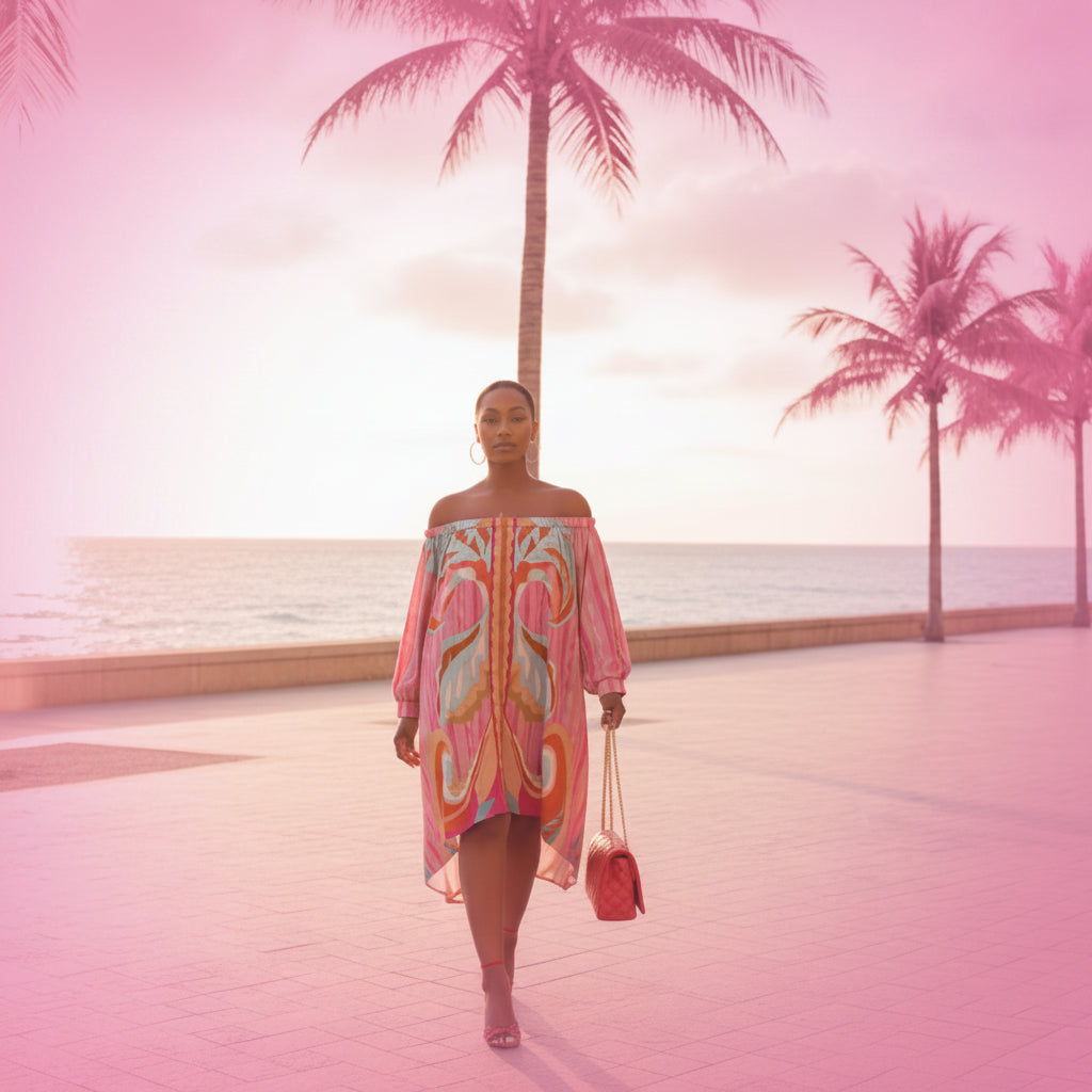 Pink One-Shoulder Print Midi Dress