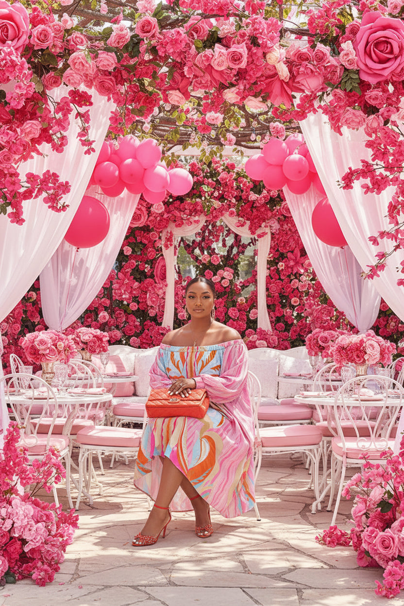 Pink One-Shoulder Print Midi Dress