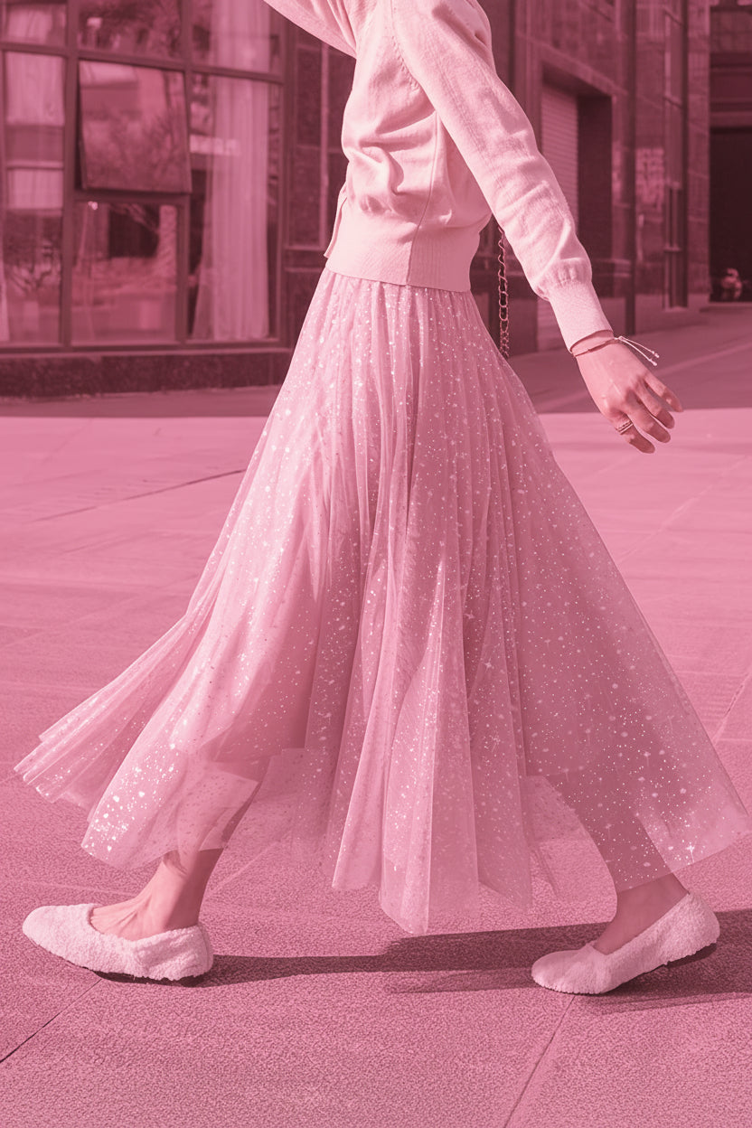 Pink Sequin Tulle A-Line Skirt