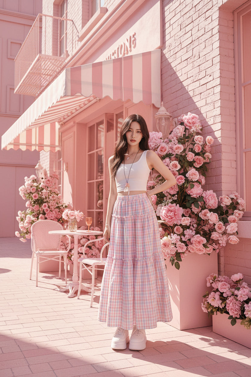 Pink Plaid A-Line Midi Skirt
