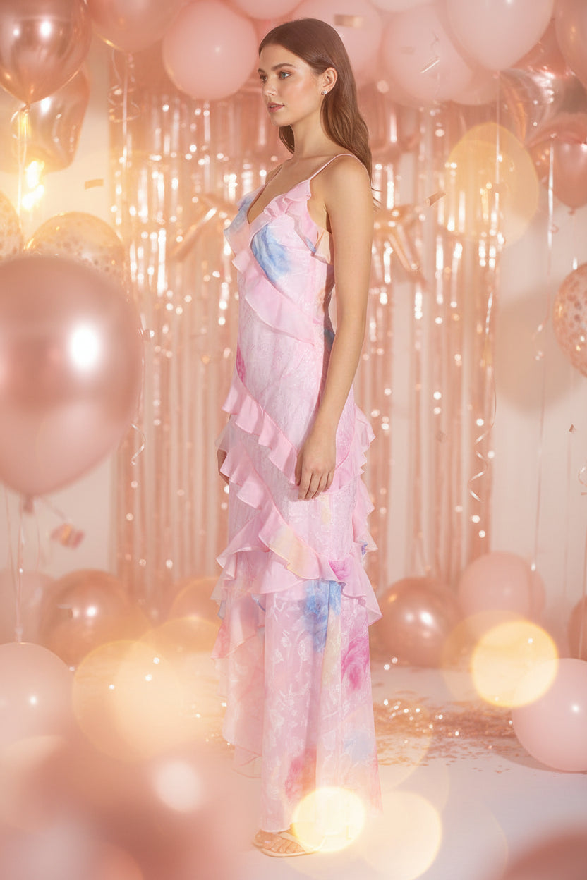 Pink Ruffled Cami Maxi Dress