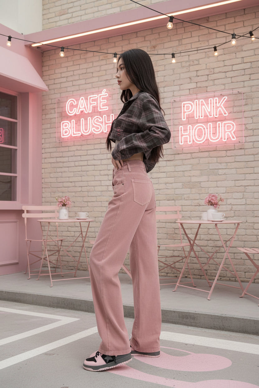 Dusty Pink High-Waist Wide-Leg Jean