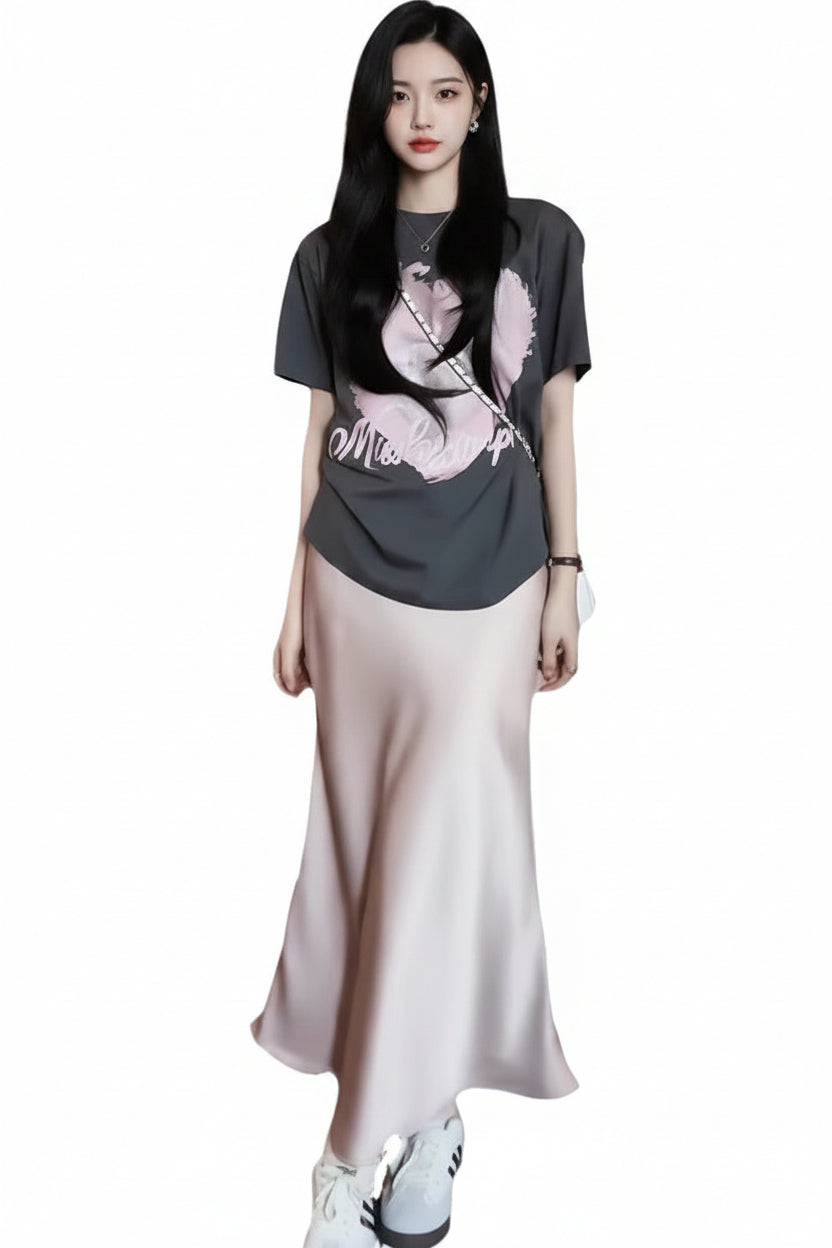 Pale Pink Satin Fishtail Midi Skirt