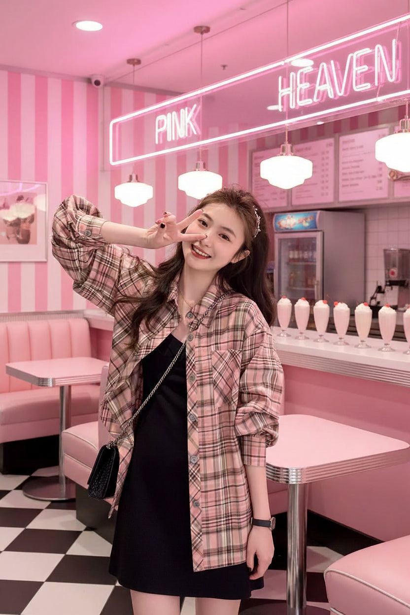 Pink Plaid Oversized Shirt Jacket
