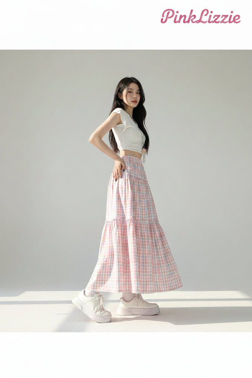 Pink Plaid A-Line Midi Skirt
