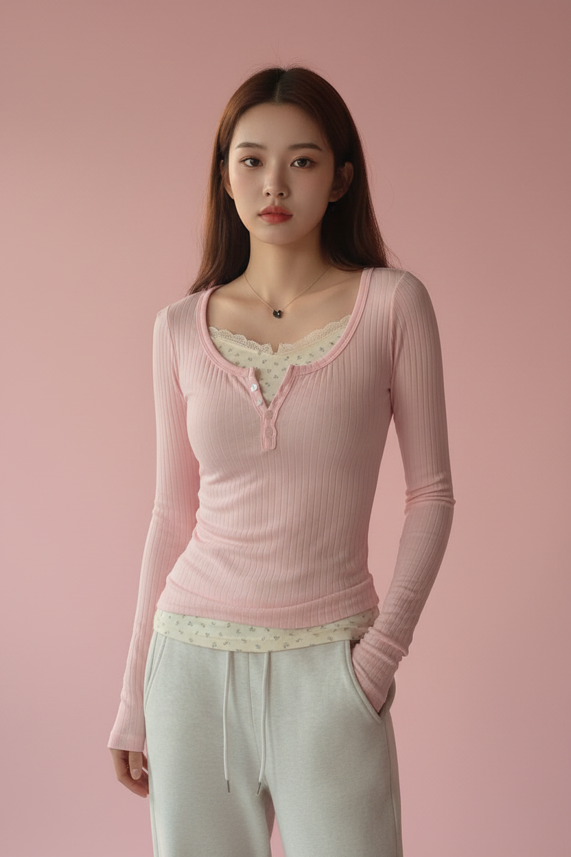Floral Lace-Trim Long-Sleeve Top