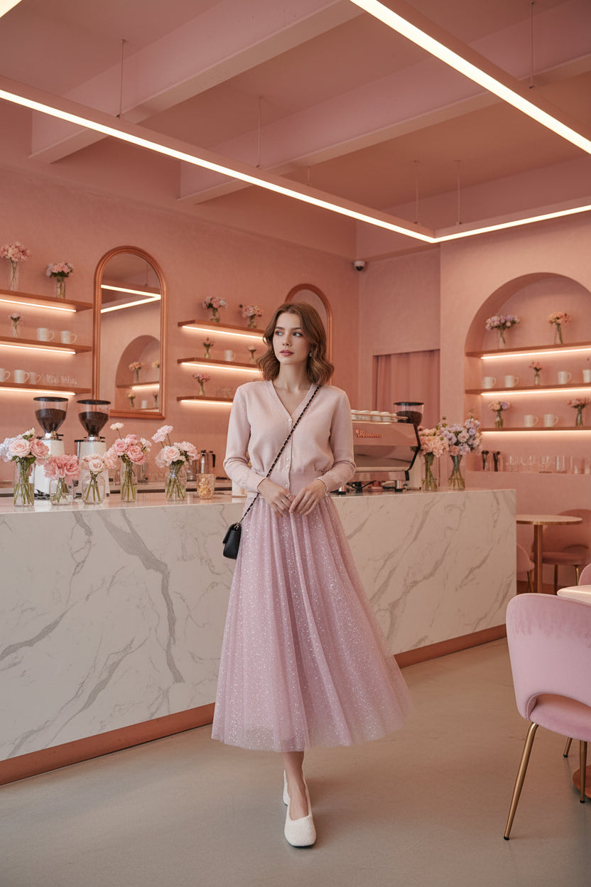 Pink Sequin Tulle A-Line Skirt