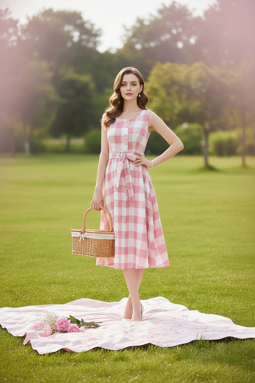 Pink Plaid Strap Midi Dress