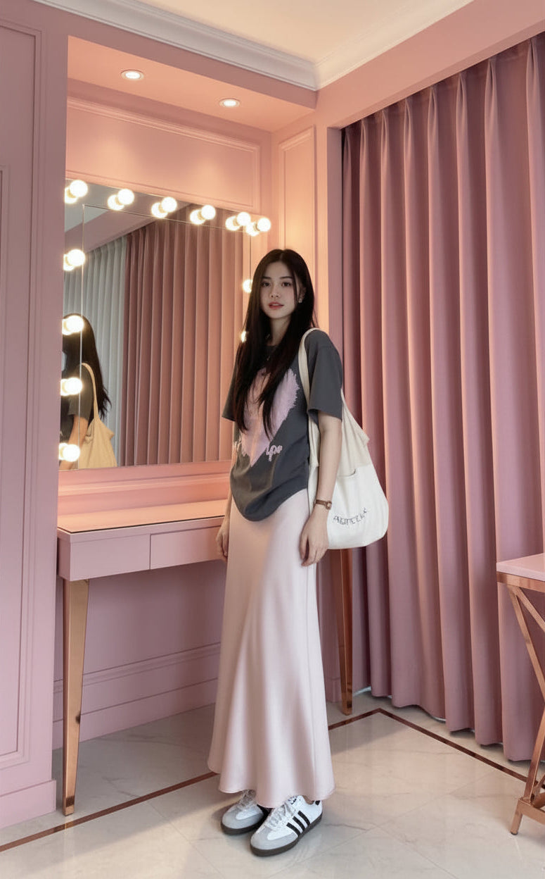 Pale Pink Satin Fishtail Midi Skirt