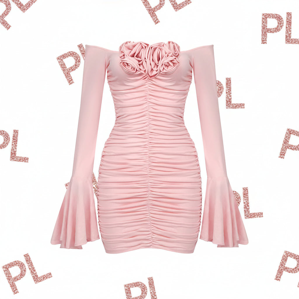 Pink Floral Ruched Long-Sleeve Mini Dress