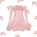 Pink Floral Ruched Long-Sleeve Mini Dress