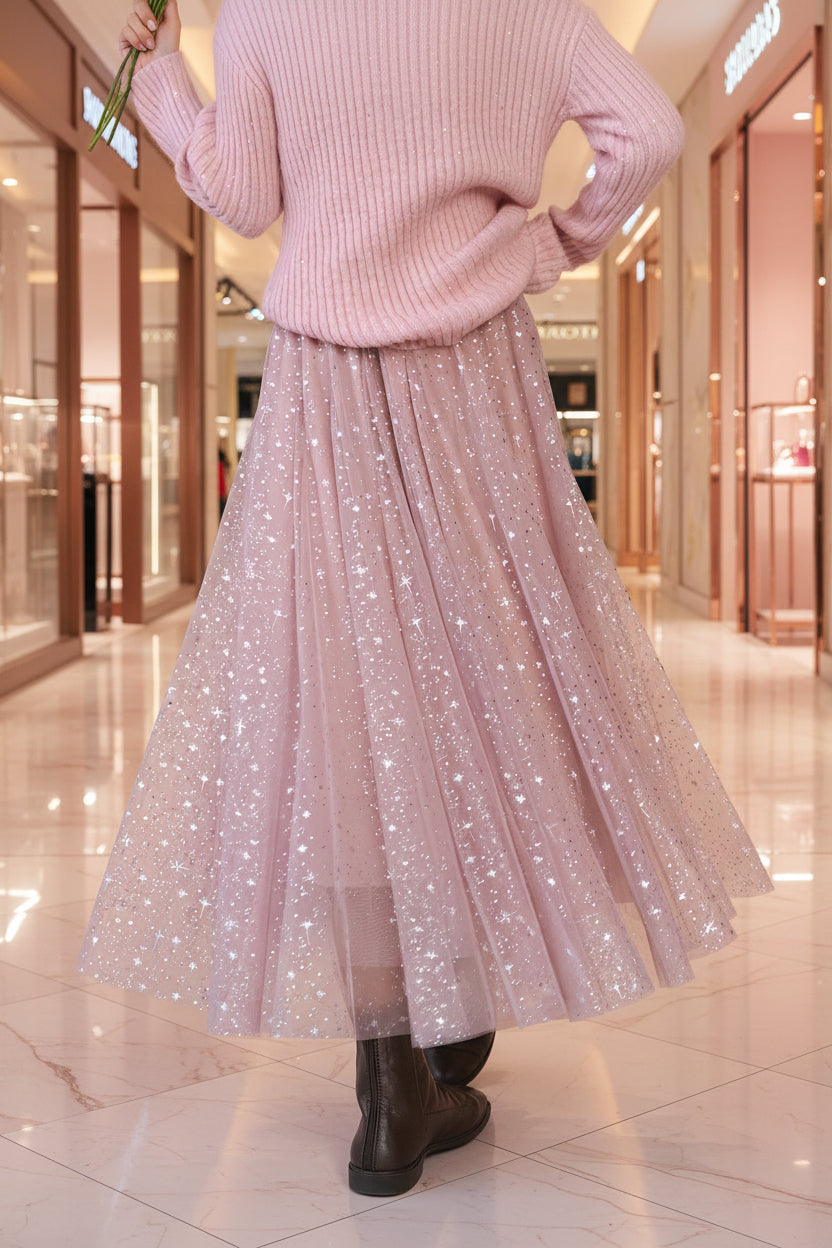 Pink Sequin Tulle A-Line Skirt