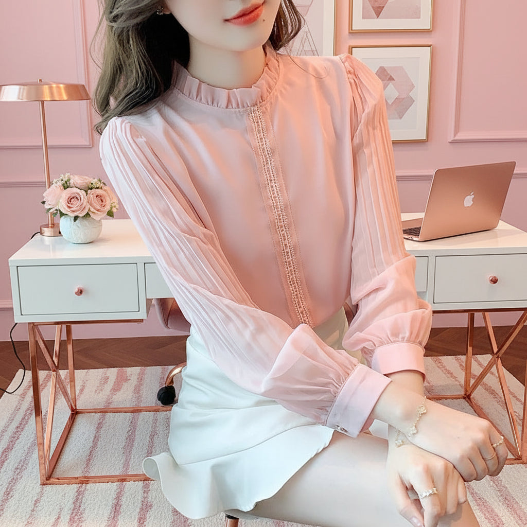 Puff-Sleeve Pink Chiffon Shirt
