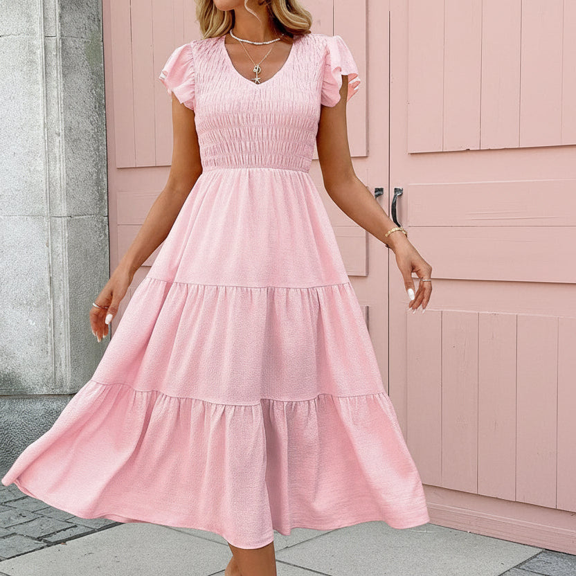 Ruffle-Sleeve Layered Midi Dress