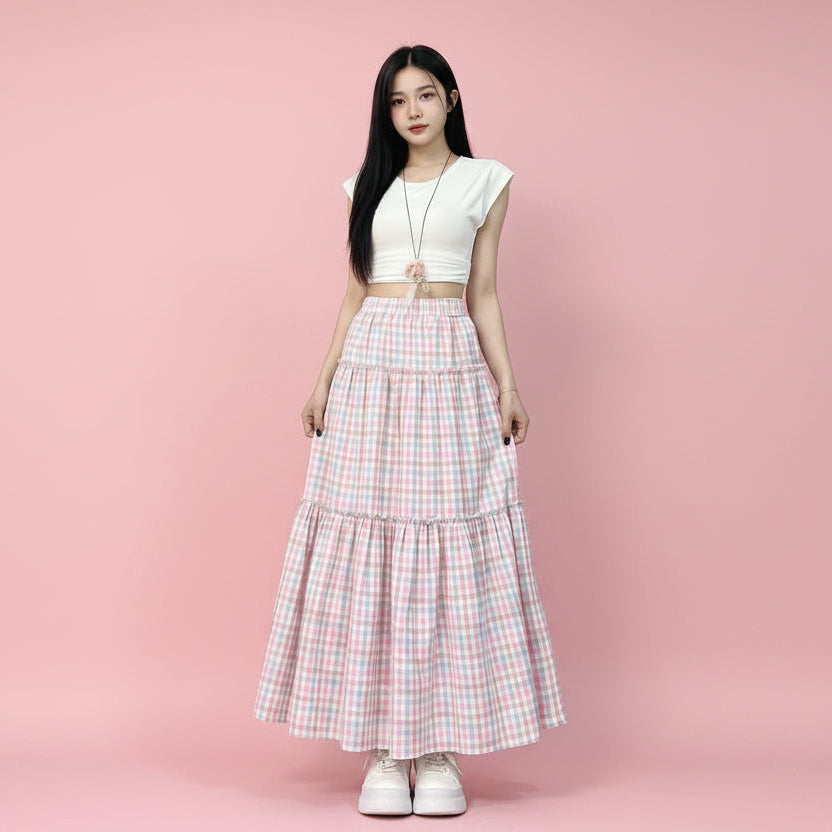 Pink Plaid A-Line Midi Skirt
