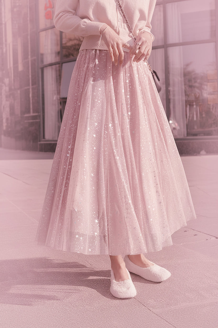 Pink Sequin Tulle A-Line Skirt