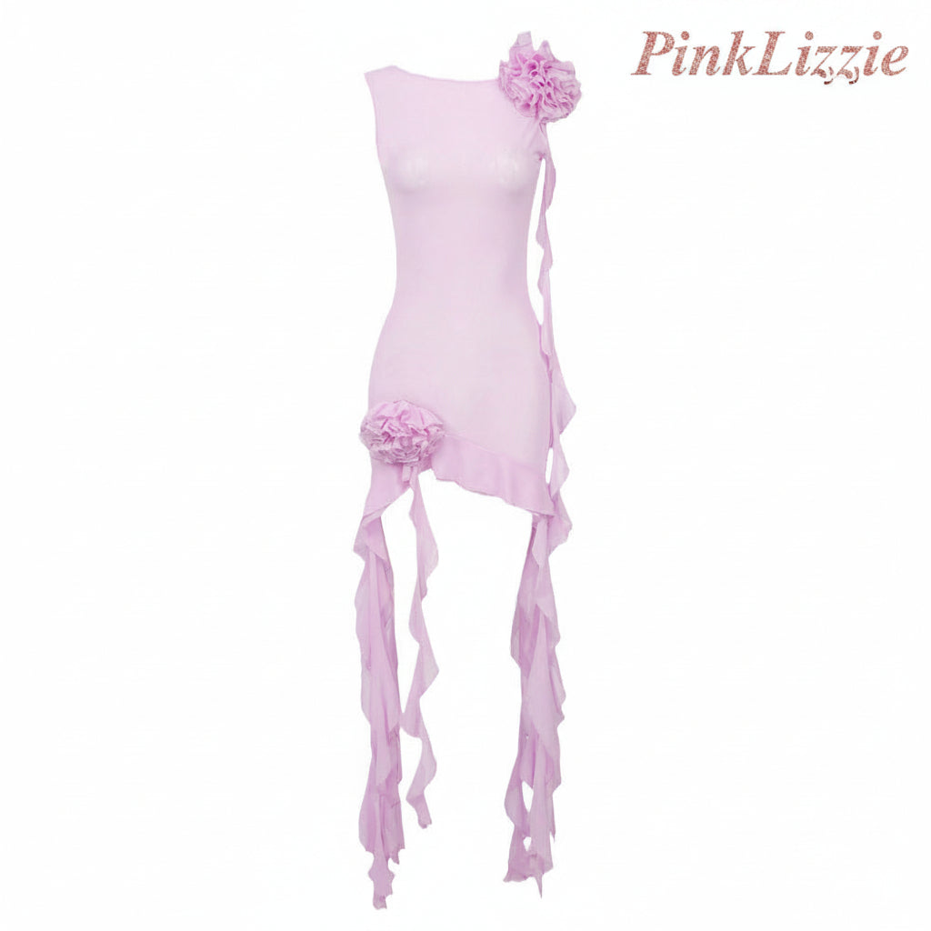 Pink Floral Bow Bodycon Mini Dress