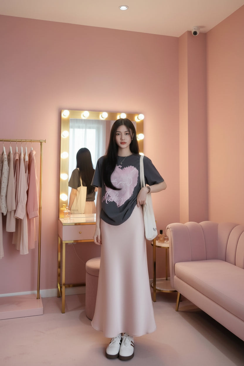 Pale Pink Satin Fishtail Midi Skirt