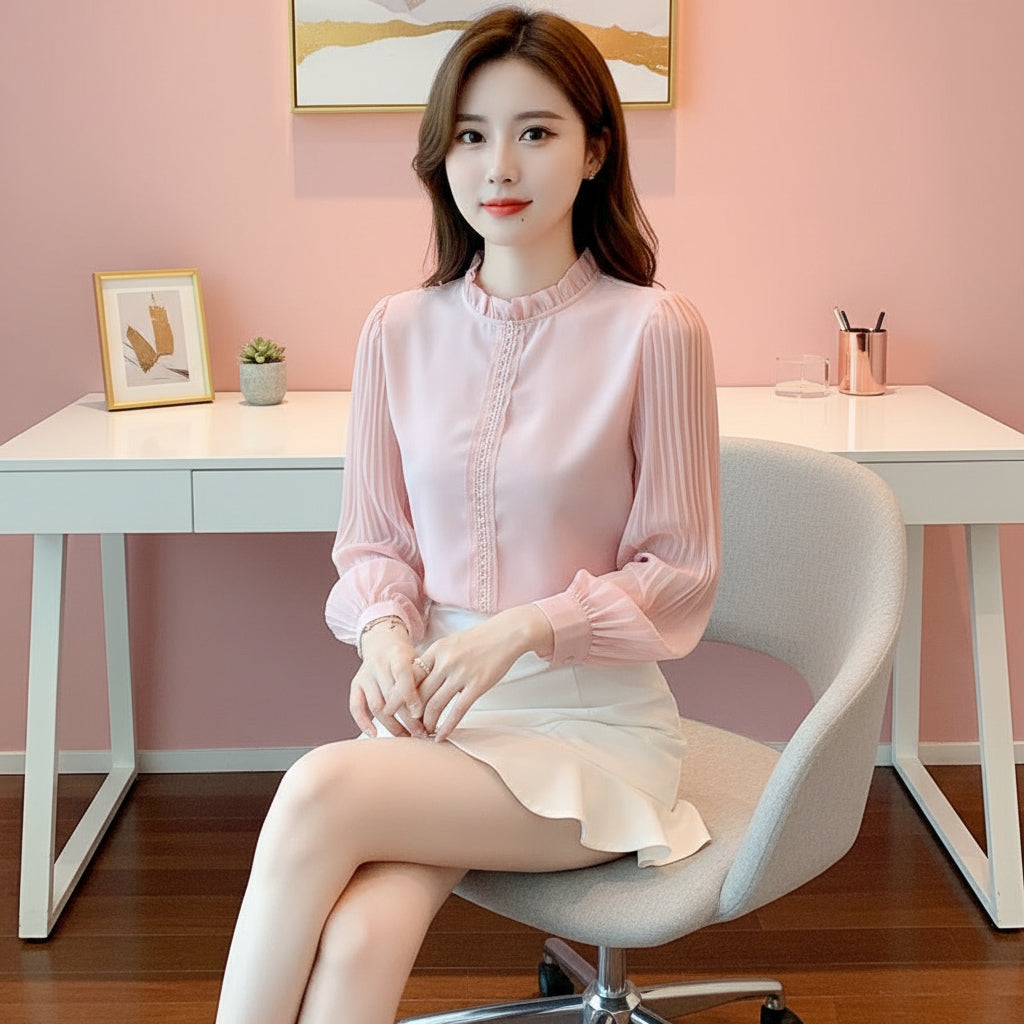 Puff-Sleeve Pink Chiffon Shirt