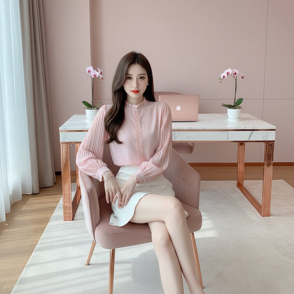 Puff-Sleeve Pink Chiffon Shirt