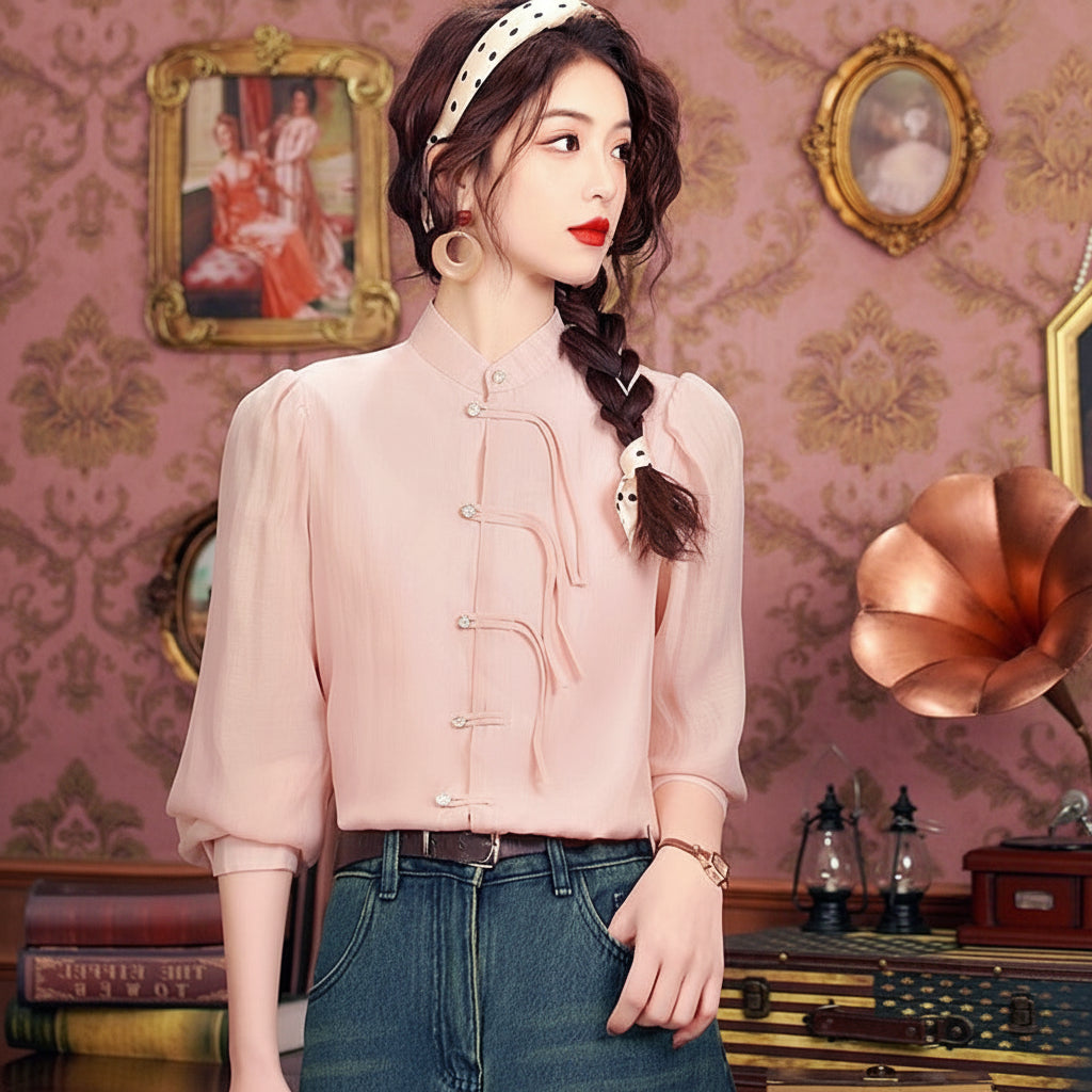Puff-Sleeve Chiffon Blouse