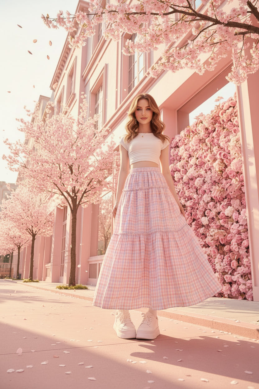 Pink Plaid A-Line Midi Skirt
