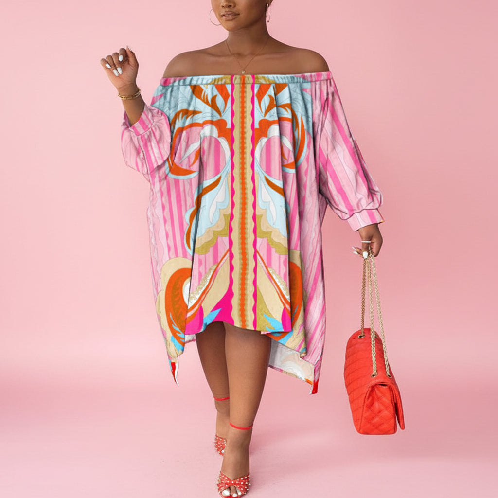 Pink One-Shoulder Print Midi Dress